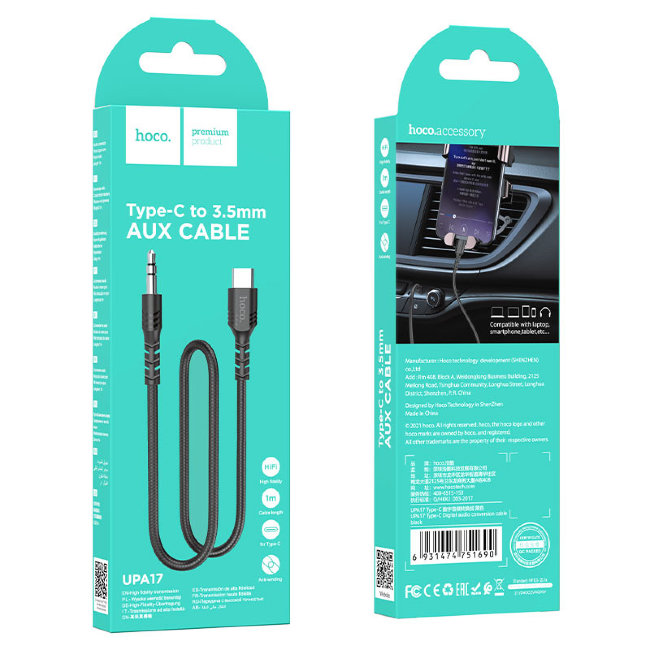 Адаптер Hoco UPA17 3.5 jack*Type-C TPE чёрный 1мет