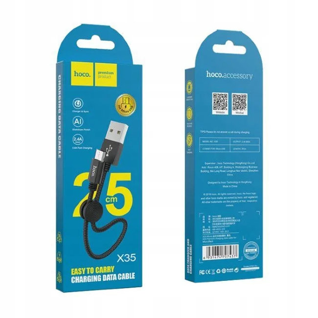 Кабель HOCO microUSB 0,25m чёрный (X35) Premium ткань