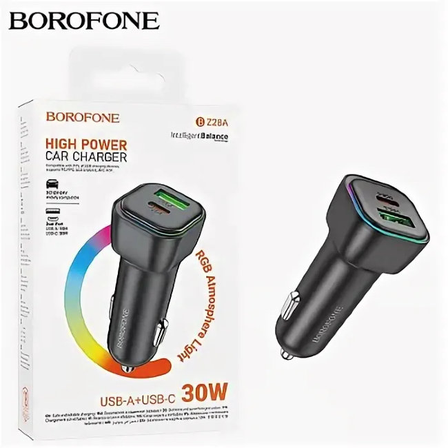 Авто з\у Borofone BZ28 1USB 18W - 1Type-C 30W чёрный(автомобильная)