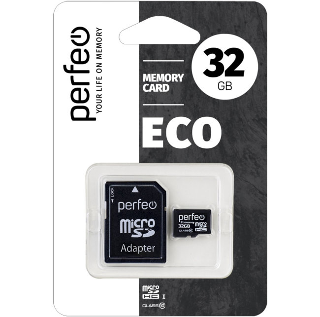 Карта памяти MicroSD Perfeo 32GB Class10 + SD адаптер