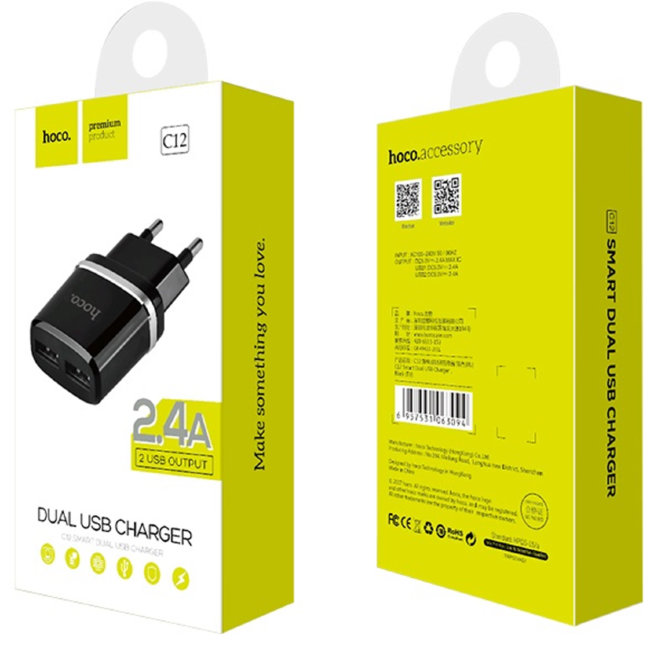 З\У HOCO C12  2USB 2.4A  (без кабеля) чёрный