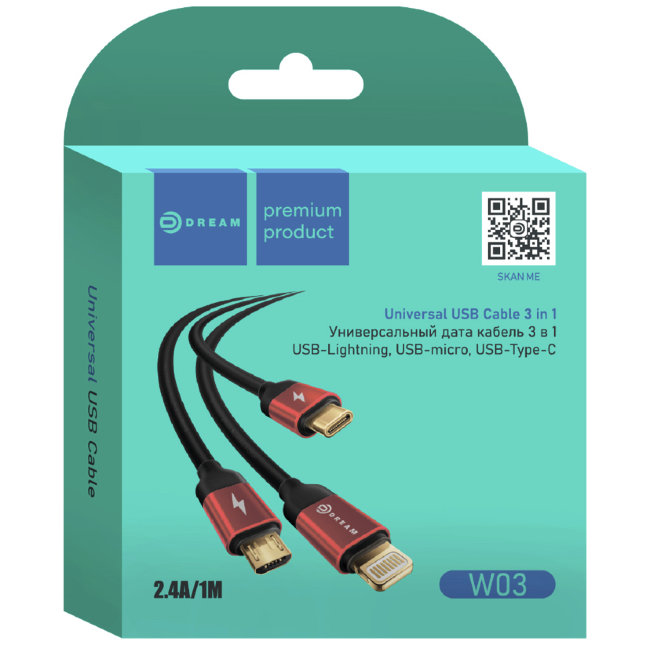 Кабель Dream V3 3в1 Micro+8pin+Type-C 1метр 2.4A