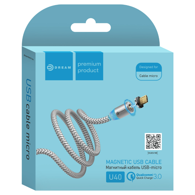 Кабель Dream DRM-U40 2A microUSB 1метр сереб (магнитный)