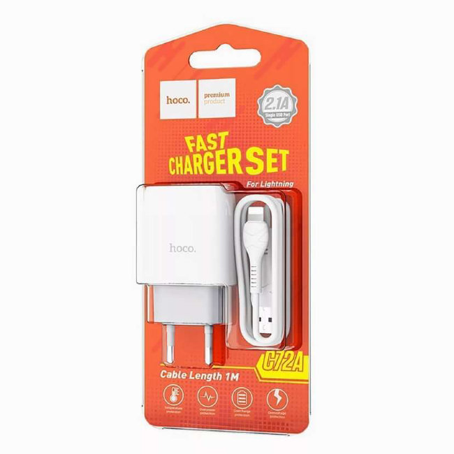 З\У HOCO C72A Glorious 1USB+кабель Lightning 2.1A белый