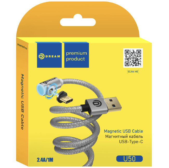 Кабель Dream Type-C DRM-U50 2.4A 1метр серебро (магнитный)
