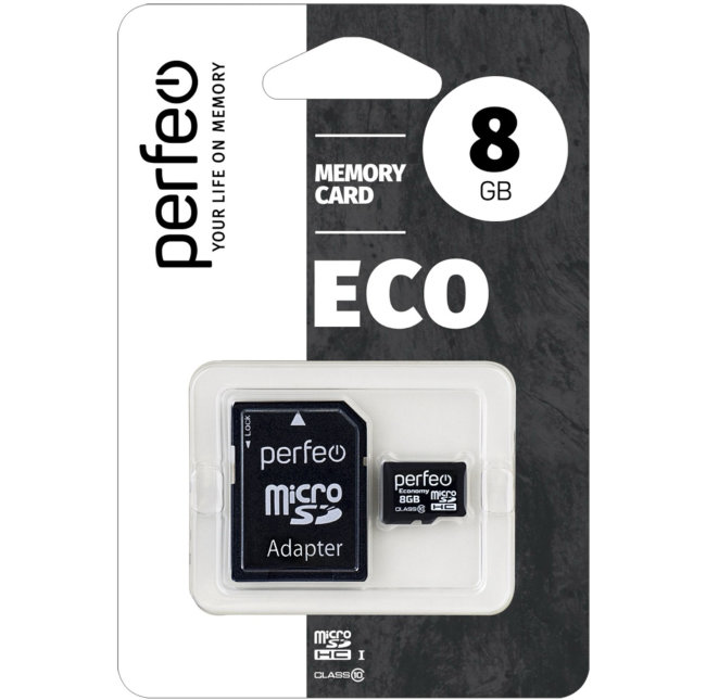 Карта памяти MicroSD Perfeo 8GB Class10 + SD адаптер