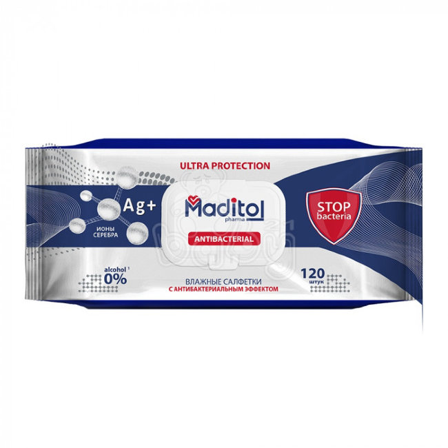 Салфетки влажные антибактериальные Maditol 120шт с клапаном