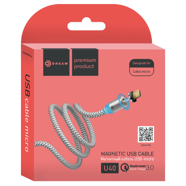 Кабель Dream Micro-Usb DRM-U40 2.4A 1метр серебро (магнитный)