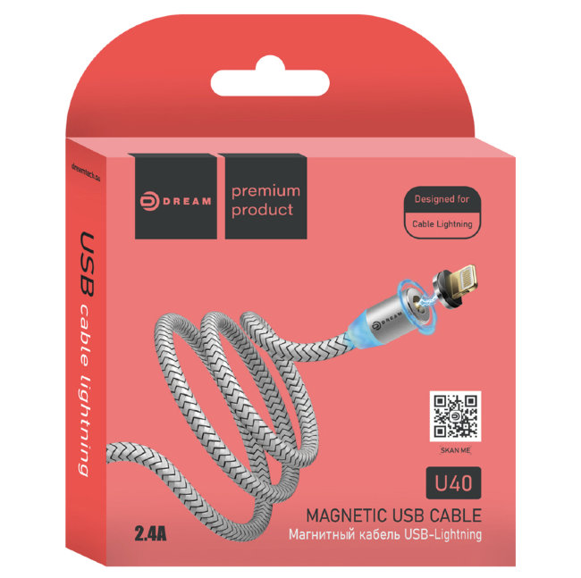 Кабель Dream Lightning DRM-U40 2.4A 1метр серый (магнитный)