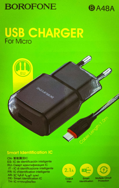 З\У Borofone BA48A 1USB + MicroUsb 2.4A чёрный