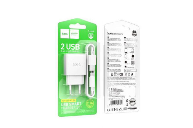 З\У HOCO C141A 2USB+кабель Type-C 2.1A белый