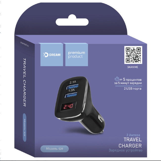 Авто з\у DRM-S39 2USB 2.1A чёрный LED-display Dream(автомобильная)