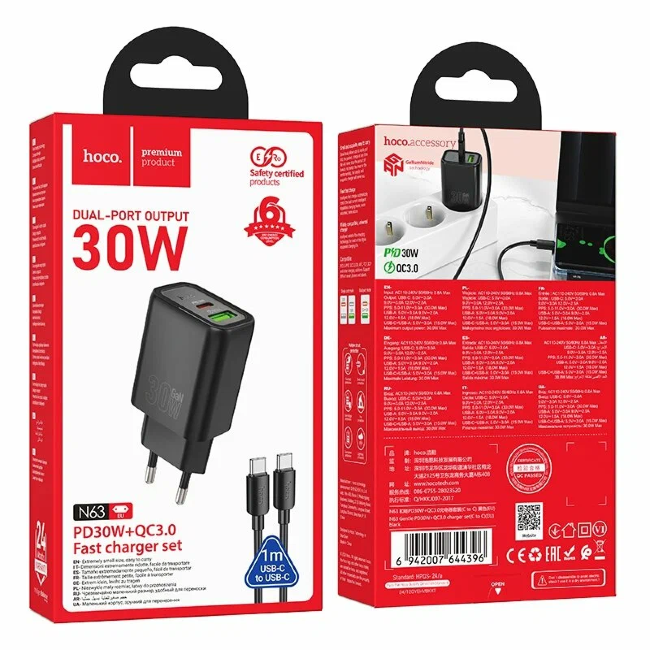 З\У HOCO N63 1USB-1Type-C 30W+18W + кабель Type-C-Type-C чёрный