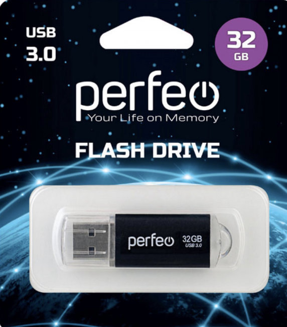 Флешка USB 3.0 Perfeo 32GB С14 чёрная металл
