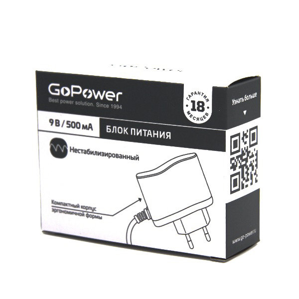 Б\п GoPower 500ma 9V нестабилизированный +