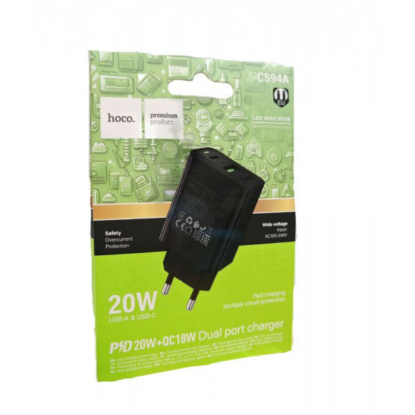 З\У Hoco CS94A 1USB-1Type-C 20W чёрный