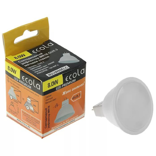 Лампа свд Ecola  GU5.3 8W 2800k (тёплый свет) прозрачный