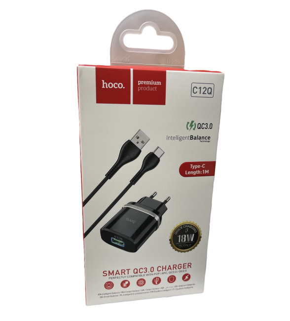 З\У HOCO C12Q  1USB 3A + кабель Type-C чёрный