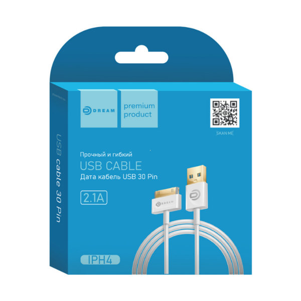 Кабель Dream 30pin IPH4 2.1A 1м белый