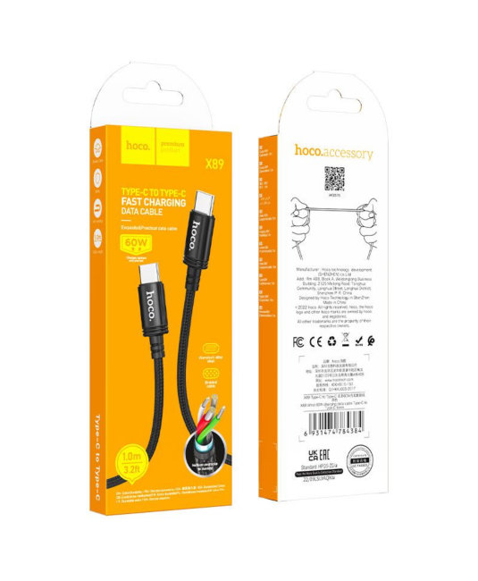Кабель HOCO Type-C-Type-C Wind PD 60W 3A 1m чёрный (X89)