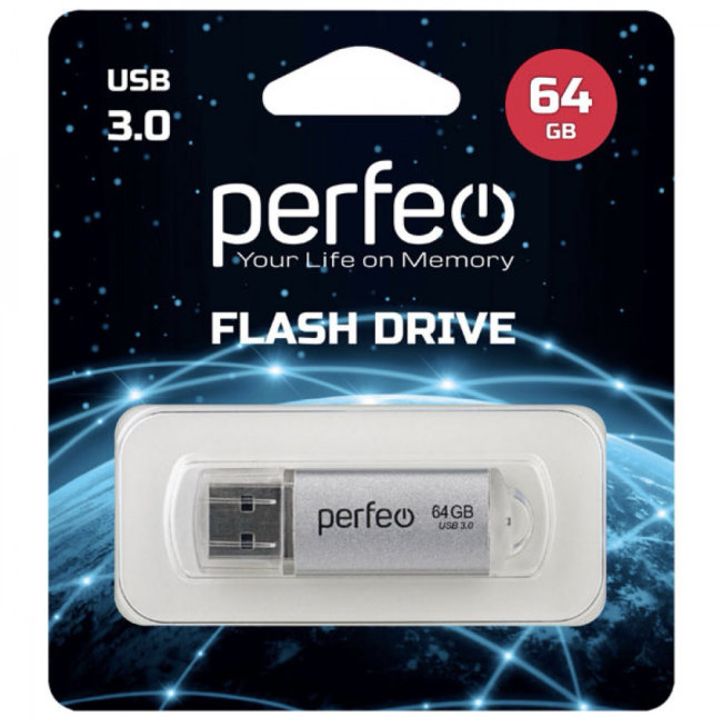 Флешка USB 3.0 Perfeo 64GB С14 серебро металл