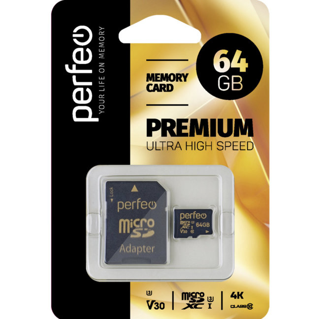 Карта памяти MicroSD Perfeo 64GB Class10 + SD адаптер