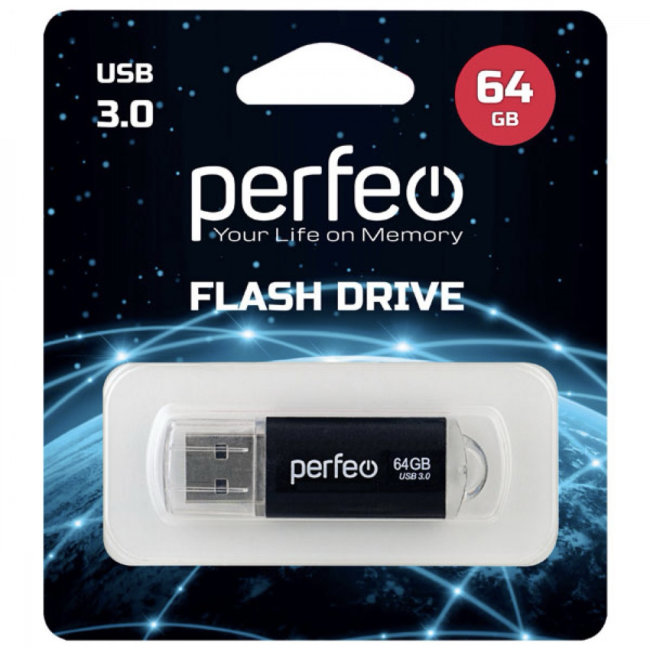 Флешка USB 3.0 Perfeo 64GB С14 чёрная металл