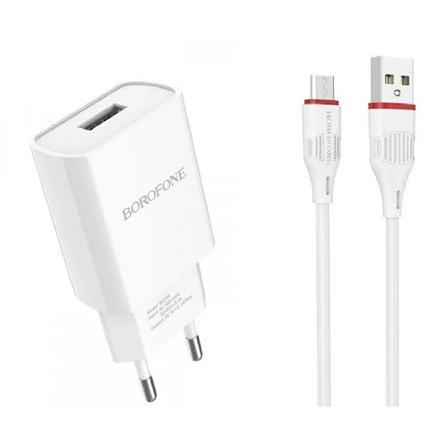 З\У Borofone BA20A 1USB + кабель MicroUSB 2.1A белый