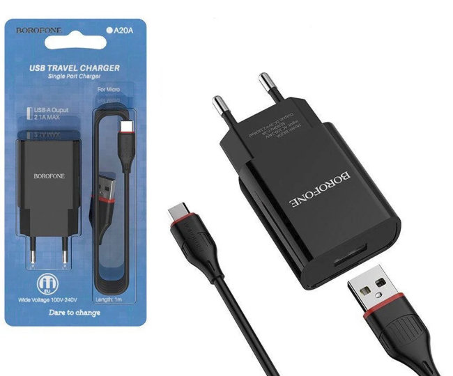 З\У Borofone BA20A 1USB + кабель MicroUSB 2.1A чёрный