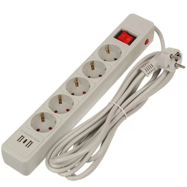 Фильтр сетевой ДЖЕТТ 5 розеток+2USB+Type-C 16А 1,9мет серый (25) арт.171-502