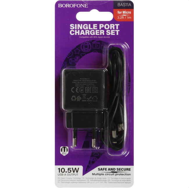 З\У Borofone BAS11A 1USB + кабель MicroUSB 10.5W чёрный