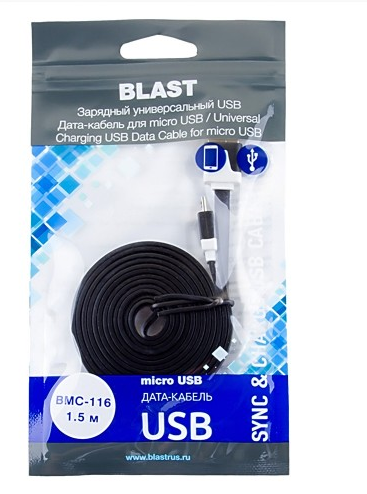 Кабель BLAST  BMC-116 USB-microUSB 1,5м чёрный  плоский