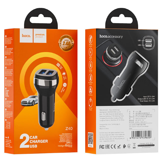 Авто з\у HOCO Z40 2USB 2400ma чёрный(автомобильная)