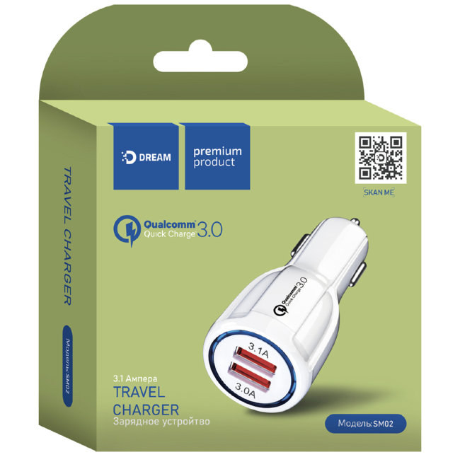 Авто з\у DRM-SM02 2USB 3.1A белый Dream(автомобильная)