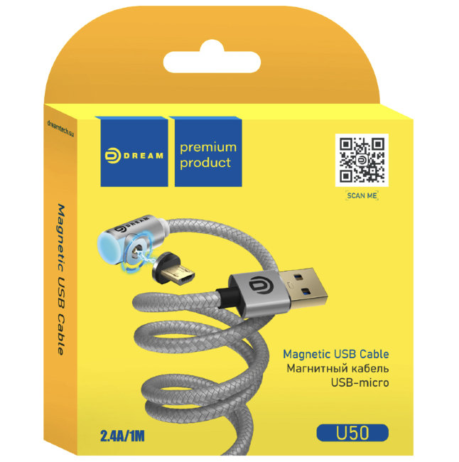 Кабель Dream DRM-U50 2.4A microUSB 1метр серебро (магнитный)