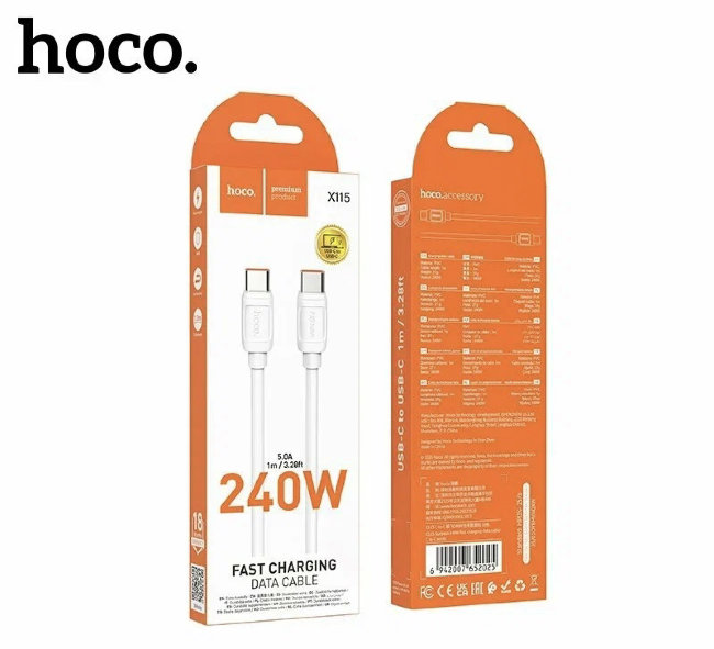 Кабель HOCO Type-C-Type-C PD 240W 5A 1m белый (X115)