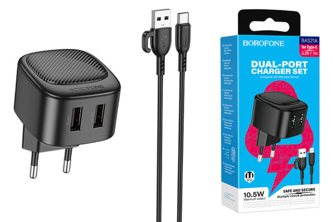 З\У Borofone BAS21A 2USB + кабель Type-C 2.1A чёрный