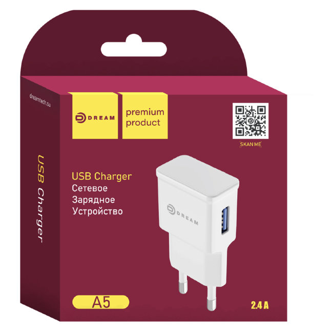 З\У DREAM-A5 USB 2.4A белый