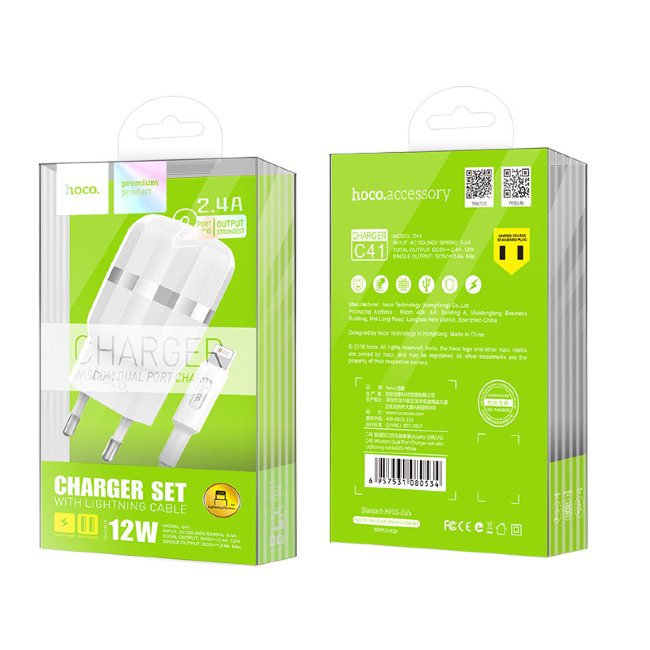 З\У HOCO C41 USB+кабель Lightning 2.4A белый