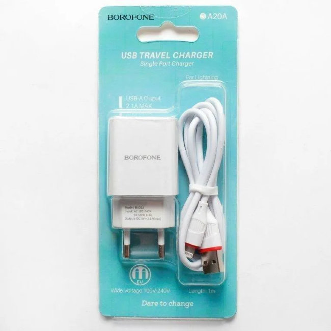 З\У Borofone BA20A 1USB + кабель Lightning 2.1A чёрный